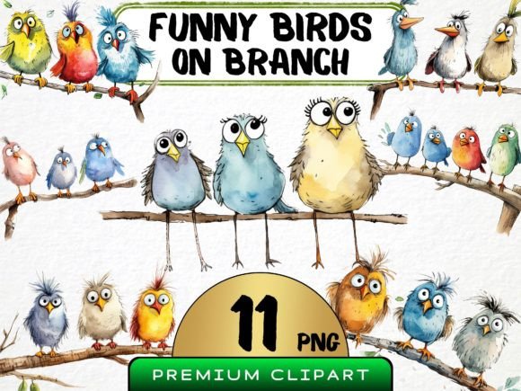 Download Funny Birds on Branch Clipart Bundle PNG - Premium Bundle